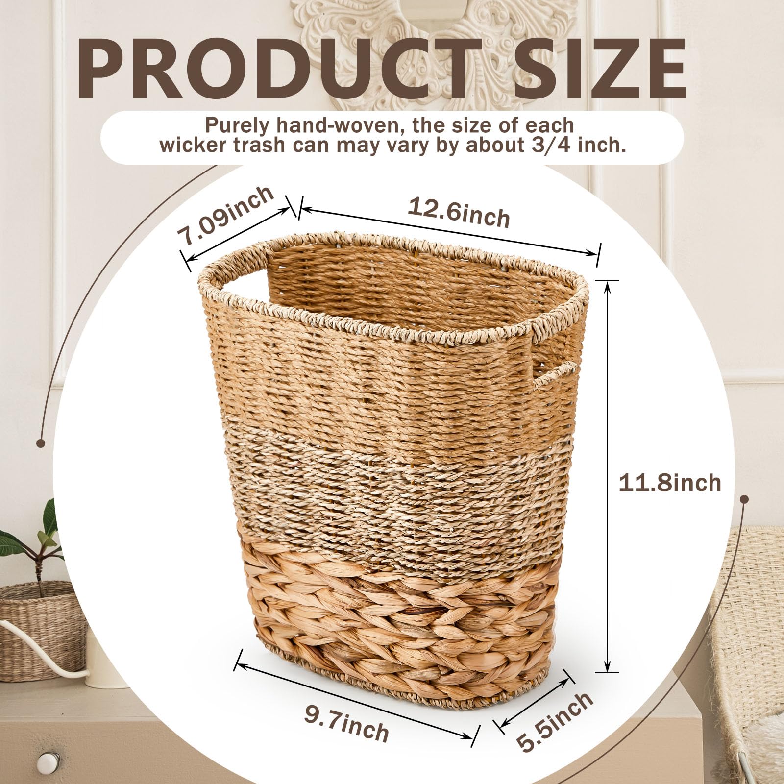 Ziliny 2 Pcs Wicker Trash Can with 50 Small Trash Bag Wicker Waste Woven Basket with Handles Clear Multi Use Garbage Bags for Bathroom Kitchen Bedroom