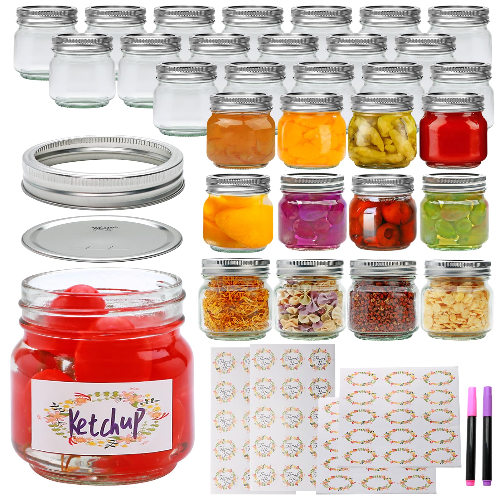 Small Glass Mason Jars, 8 oz Glass Jar with Lid 30 Pack,Half Pint Canning Jars with Silver Lids,Storage Pickling Jars For Jelly, Jam, Honey, Pickles and Spice