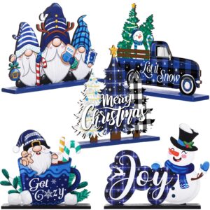 huwena 5 pcs christmas table decorations wooden xmas table centerpiece signs joy snowman gnomes table signs buffalo plaid christmas decors for winter holiday tiered tray table top decor(blue)