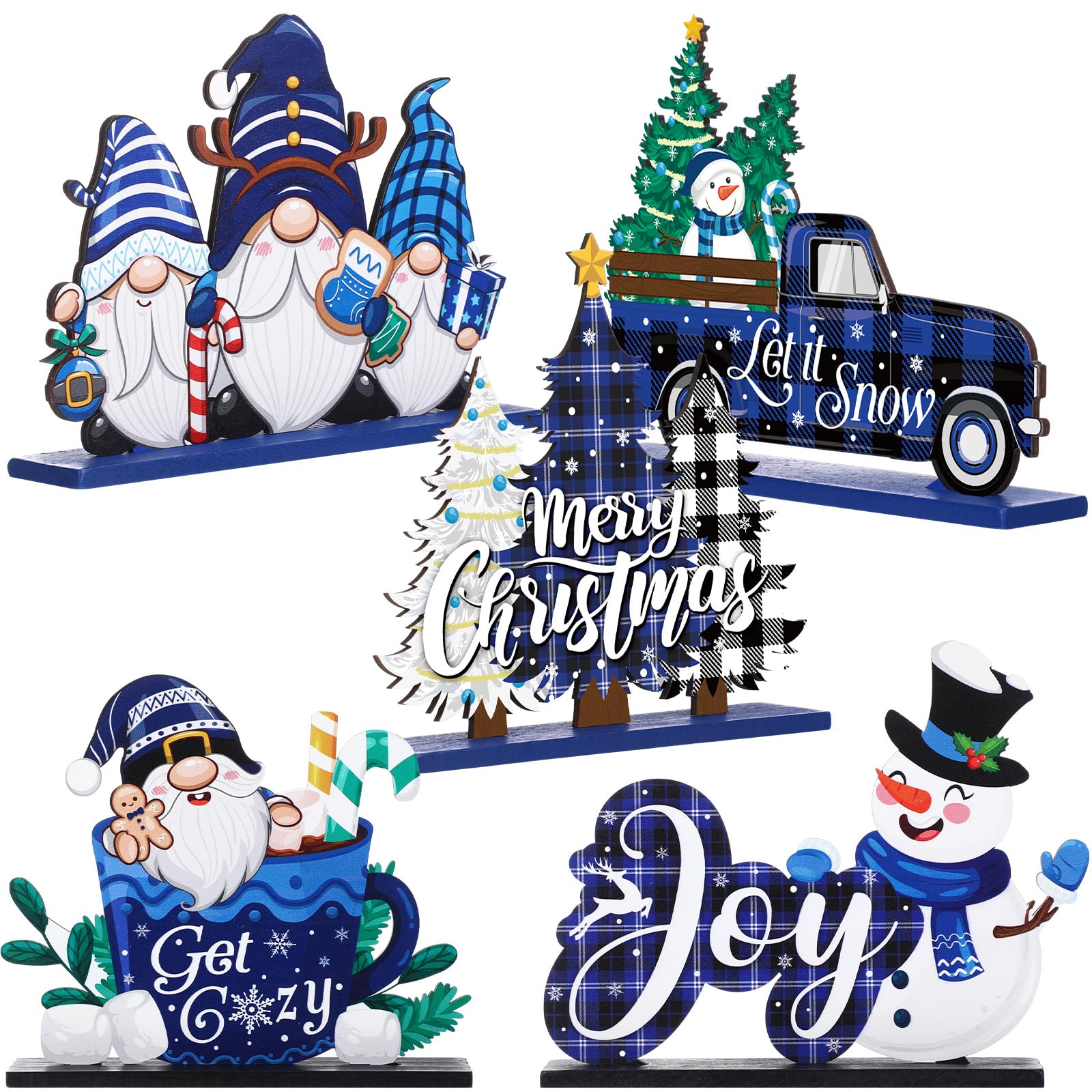 Huwena 5 Pcs Christmas Table Decorations Wooden Xmas Table Centerpiece Signs Joy Snowman Gnomes Table Signs Buffalo Plaid Christmas Decors for Winter Holiday Tiered Tray Table Top Decor(Blue)