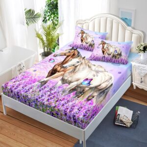 hosima farm animal bedding set horse fitted sheet,butterfly lilac floral fitted sheet sets for girls couple room decor aesthetic bedding sets castle fairy twin fitted sheet with 2 pillowcases.