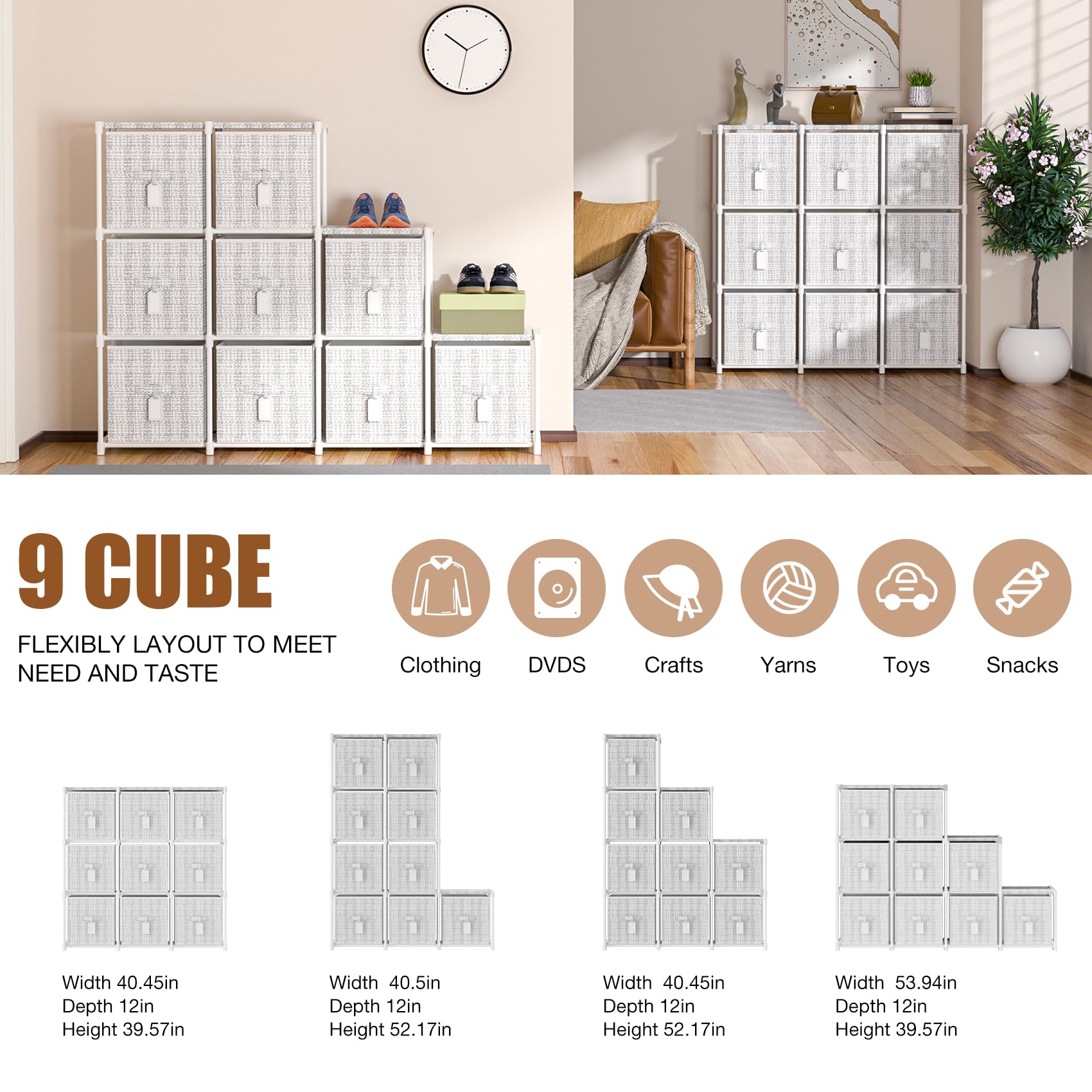 LUKYTOWER 9 Cube Storage Organizer with Printed Drawers, Toy Cubby Storage for Closet, Living Room, Dorm - White