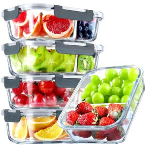 verones 5 pack glass meal prep containers 2 compartment set, 36oz airtight glass lunch containers, glass food storage containers with lids, for microwave, oven, freezer & dishwasher friendly,grey