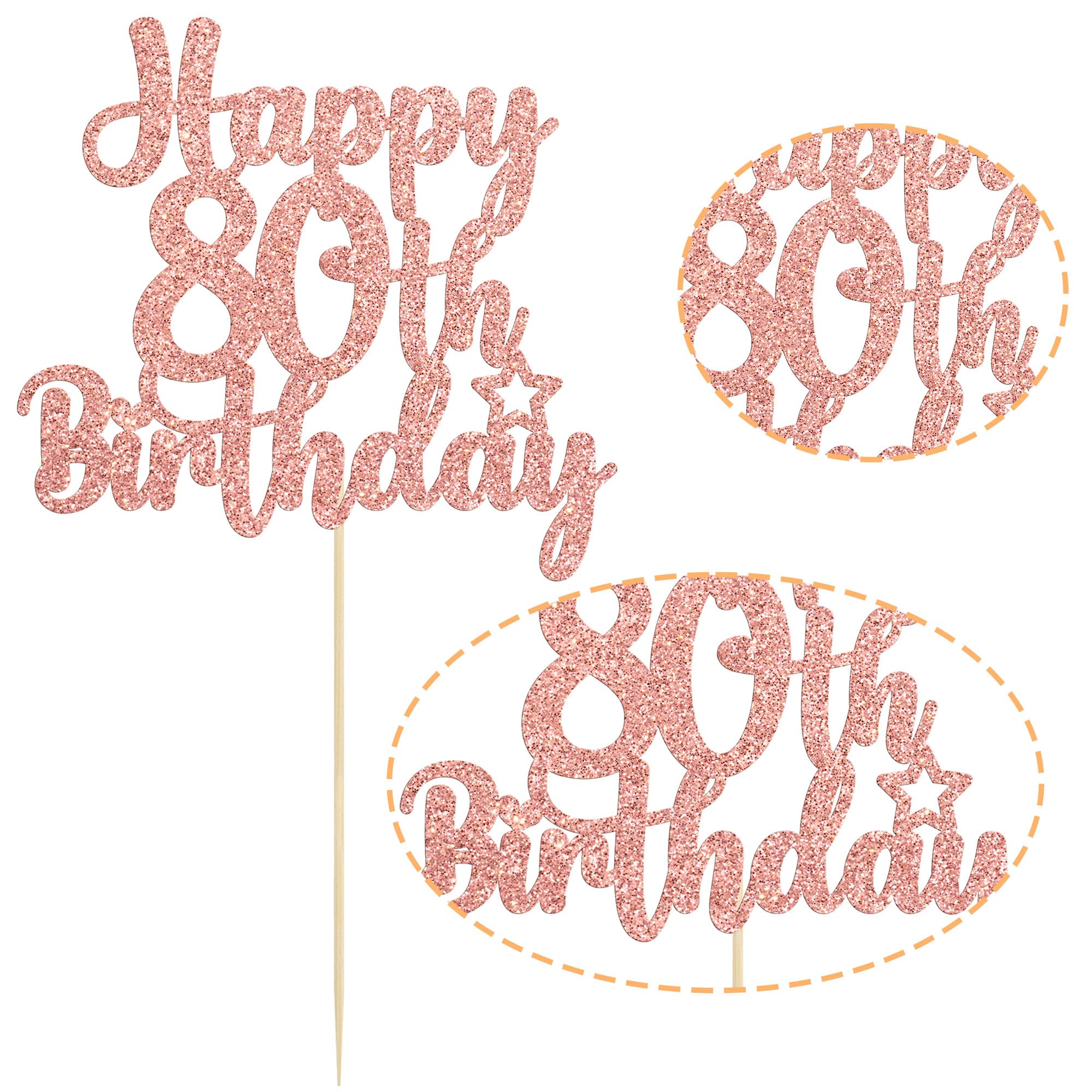 Gyufise 1Pc Happy 80th Birthday Cake Topper Glitter Cheers to 80 Years Old Birthday Cake Pick for Happy 80th Birthday Anniversary Party Cake Decorations Supplies Rose Gold