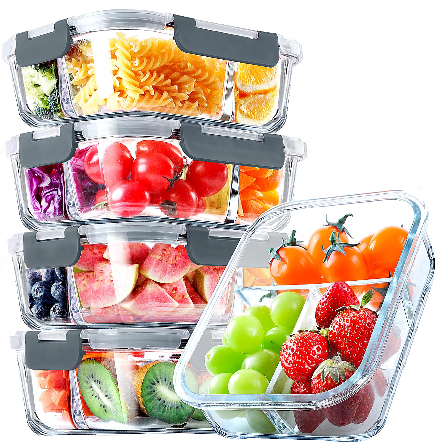 VERONES 5 Pack Glass Meal Prep Containers 3 Compartment Set, 36OZ Airtight Glass Lunch Containers, Glass Food Storage Containers with Lids, for Microwave, Oven, Freezer & Dishwasher Friendly,Grey