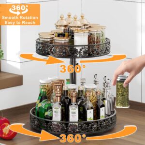 Two Tier Lazy Susan Organizer Turntable Height Adjustable, 2 Tier Lazy Susan 12 Inch Metal Easy Assembly, Lazy Susan Spice Rack Organizer Rotating for Cabinet Dining Table Top Kitchen Countertop Black