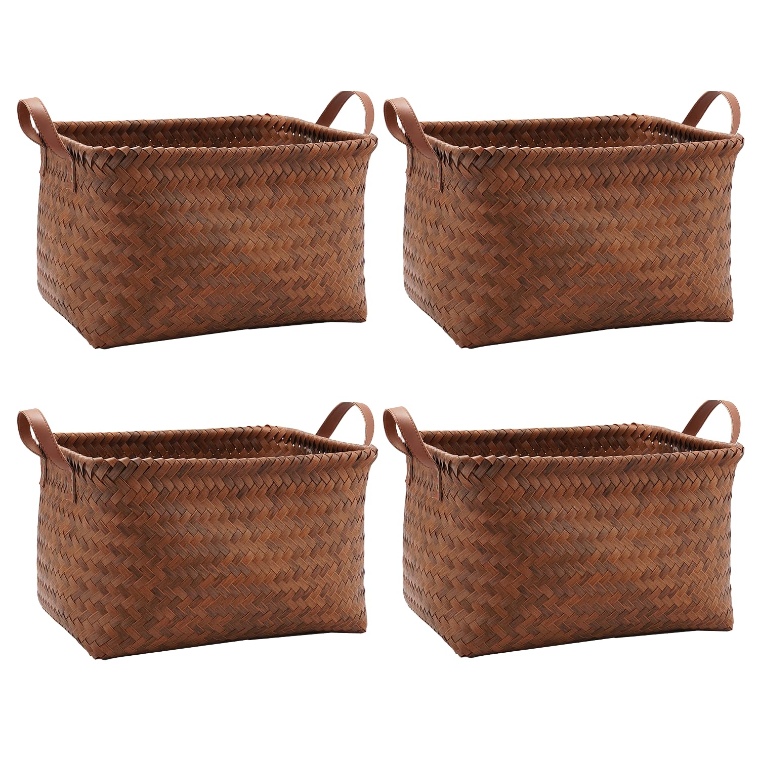 GIB Wicker Storage Baskets for Shelves with Handles 4 Pack, 15"x11" Hand Woven Decorative Rectanguler Baskets Bins Organizer for Blankets Clothes Laundry Bathroom Nursery Picnic, Brown