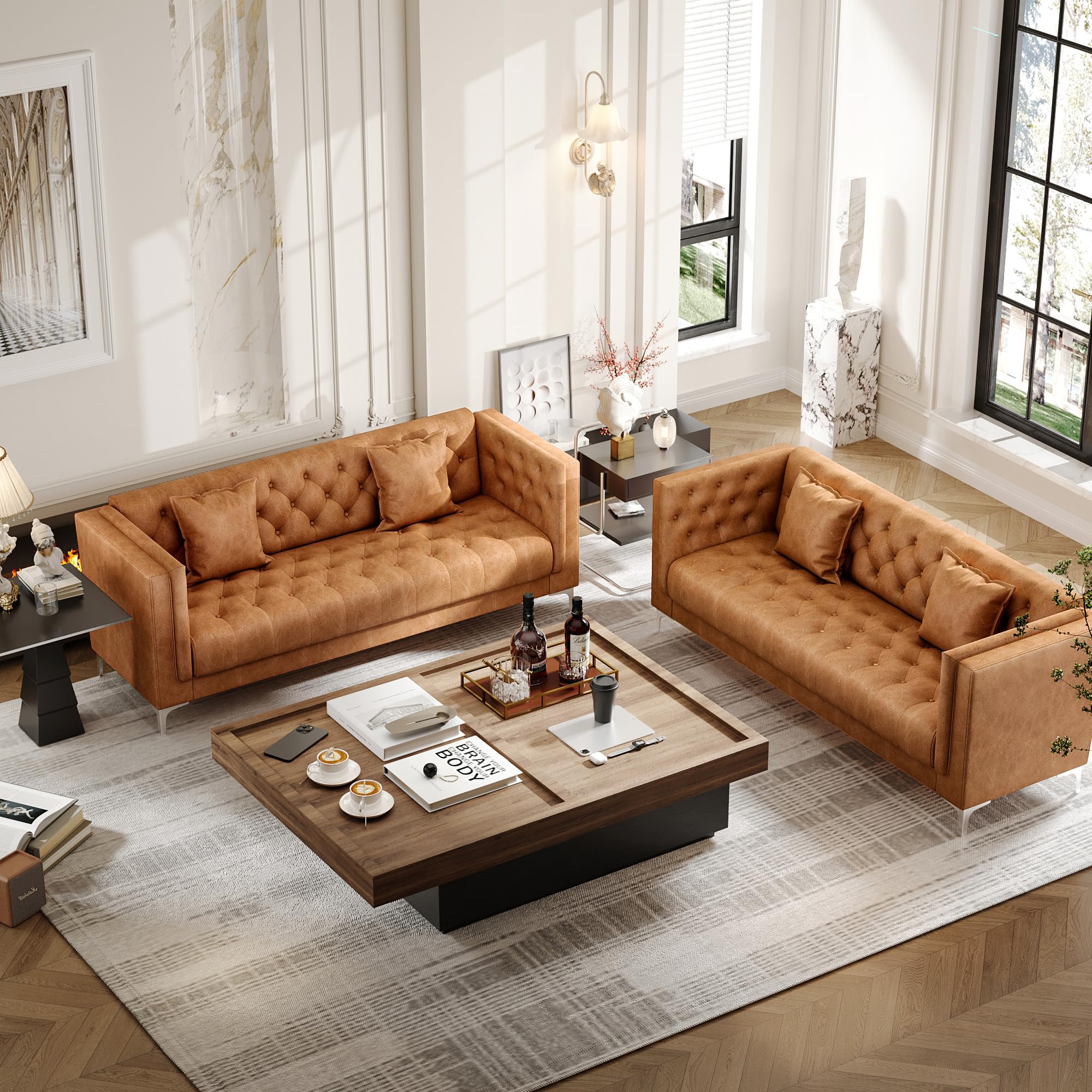 HIFIT 79'' Modern Sofa Couches for Living Room, 3 Seater Sofa with Deep Seats and 2 Pillows, Handmade Button Tufted Leather Couch for Apartment | Office 79''W x 30''D x 30''H, Brown