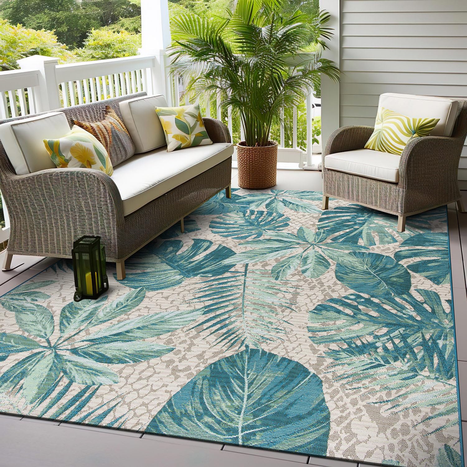 Rugshop Contemporary Tropical Floral Indoor/Outdoor Area Rug 6'6" x 9' Blue