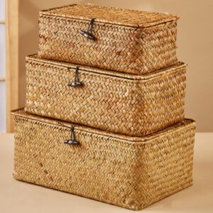 shelf baskets with lid wicker baskets with lids, nautral seagrass storage baskets, woven rectangular basket bins (3)