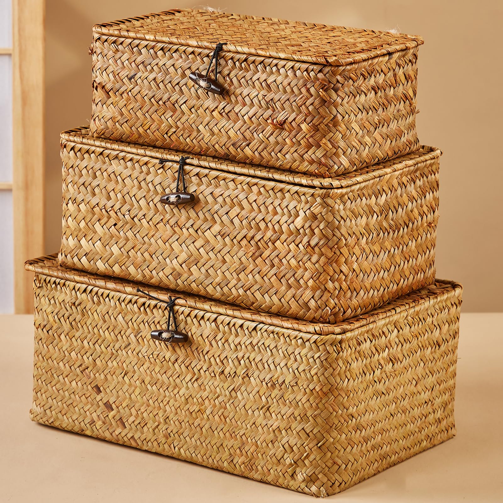 Shelf Baskets with Lid Wicker Baskets with Lids, Nautral Seagrass Storage Baskets, Woven Rectangular Basket Bins (3)