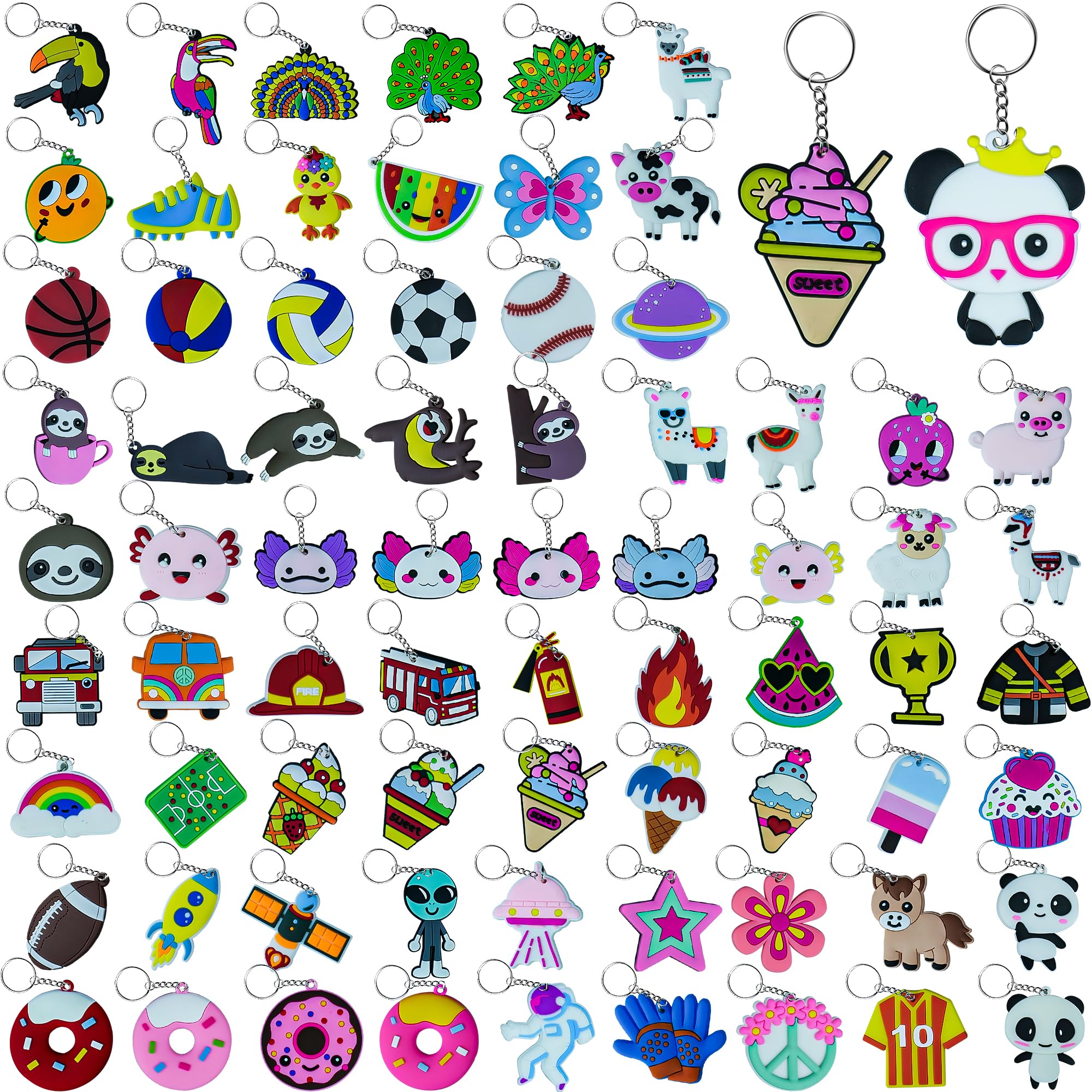 75PCS Cartoon Keychains Bulk for kids Adorable Backpacks Keychains Donut, Ball, Desserts, Axolotl, Sloth, Rainbow Bulk Key Chains for School Day Classroom Prizes Birthday Party Favors