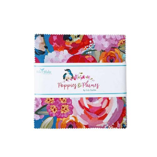 Lila Tueller Designs Poppies & Plumes 5" Stacker 42 5-inch Squares Charm Pack Riley Blake 5-14290-42