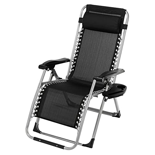 Folding Zero Gravity Outdoor Recliner Patio Lounge Chair,Infinity Zero Gravity Chair with Pad, Patio Chairs with Pillow and Utility Tray Adjustable Folding Recliner for Deck,Patio,Beach,Yard,Grey