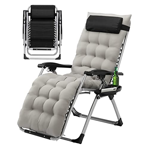 Folding Zero Gravity Outdoor Recliner Patio Lounge Chair,Infinity Zero Gravity Chair with Pad, Patio Chairs with Pillow and Utility Tray Adjustable Folding Recliner for Deck,Patio,Beach,Yard,Grey