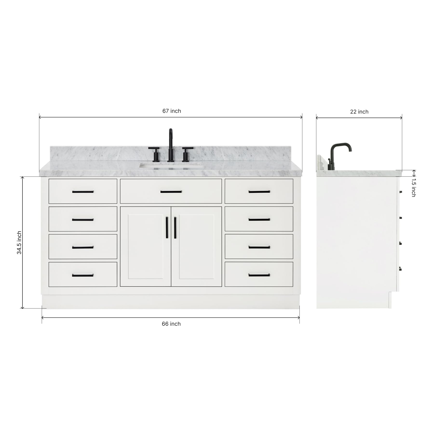 ARIEL 67" White Bathroom Vanity, 1.5" Edge Italian Carrara Marble Countertop & Splash, Single Rectangular Sink, 2 Soft Closing Doors, 9 Full Extension Dovetail Drawers, Toe Kick, Matte Black