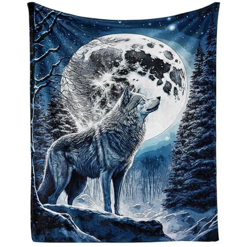 CaomeiWu Wolf Throw Blanket, 50" x 40" Flannel Cool Wolves Themed Stuffed Animal Black Throw, Soft Nap Throw Blanket for Home Boys Girls Women Wolf Lovers Gifts