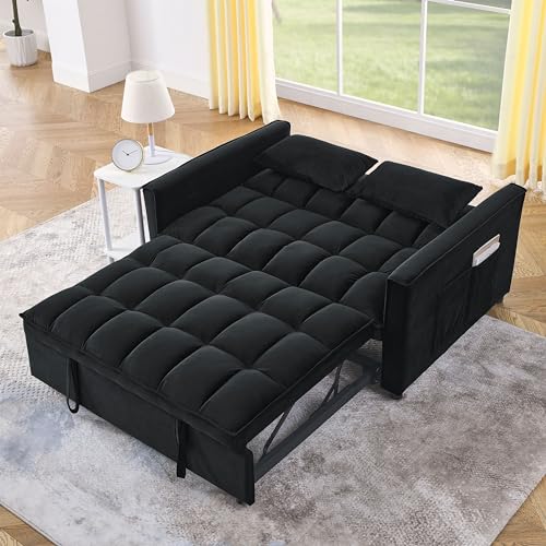 FULife Convertible Loveseat Futon Sofa Couch with Pull-Out Sleeper,Recliner Lounge Sofá Bed Chair,Love Seat Sofabed w/Adjustable Reclining Backrests,Side Pockes&Pillows for Apartment RV Living Room