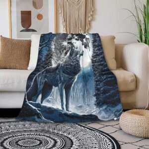 CaomeiWu Wolf Throw Blanket, 50" x 40" Flannel Cool Wolves Themed Stuffed Animal Black Throw, Soft Nap Throw Blanket for Home Boys Girls Women Wolf Lovers Gifts