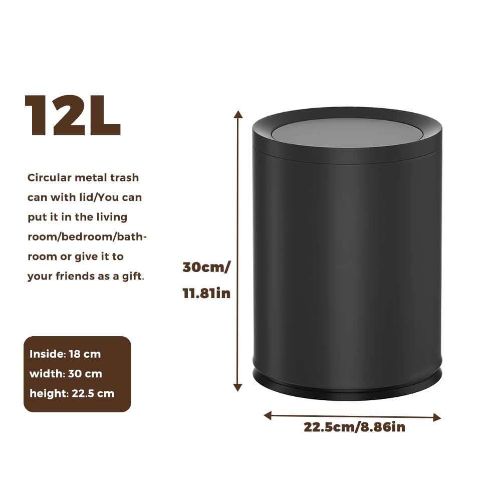 12L/3GAL Black Bathroom Trash Can with Lid,Swing Top Trash can for Bathroom, Modern Trash Can for Bathroom,Bedroom,Living Room,Office,Laundry,Hotel,Bank