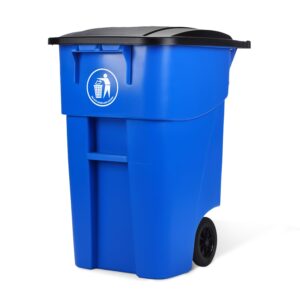 plastic prince 50-gallon recycle rollout trash can with lid, commercial heavy-duty whelled outdoor garbage can, blue