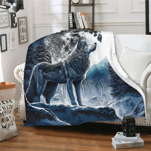 CaomeiWu Wolf Throw Blanket, 50" x 40" Flannel Cool Wolves Themed Stuffed Animal Black Throw, Soft Nap Throw Blanket for Home Boys Girls Women Wolf Lovers Gifts