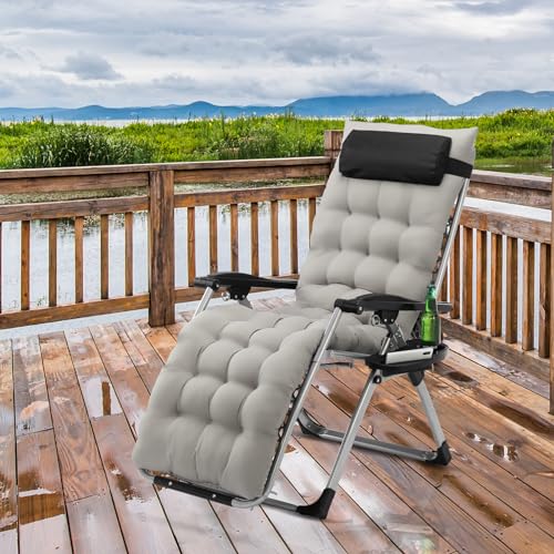 Folding Zero Gravity Outdoor Recliner Patio Lounge Chair,Infinity Zero Gravity Chair with Pad, Patio Chairs with Pillow and Utility Tray Adjustable Folding Recliner for Deck,Patio,Beach,Yard,Grey