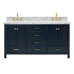 ariel 67" midnight blue double bathroom vanity with 1.5" edge italian carrara marble countertop & splash, 2 oval sinks, 4 soft closing doors, 6 full extension dovetail drawers, satin brass