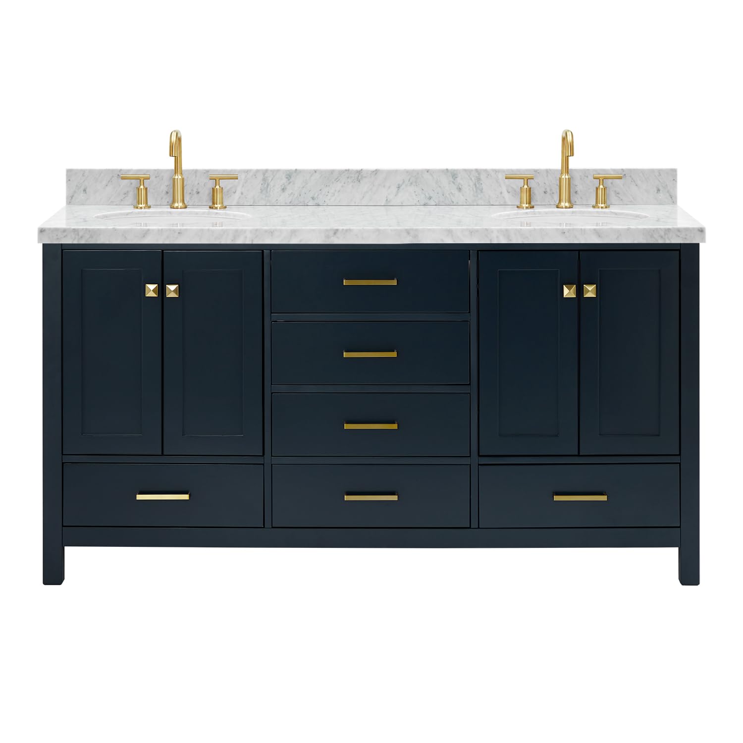 ARIEL 67" Midnight Blue Double Bathroom Vanity with 1.5" Edge Italian Carrara Marble Countertop & Splash, 2 Oval Sinks, 4 Soft Closing Doors, 6 Full Extension Dovetail Drawers, Satin Brass