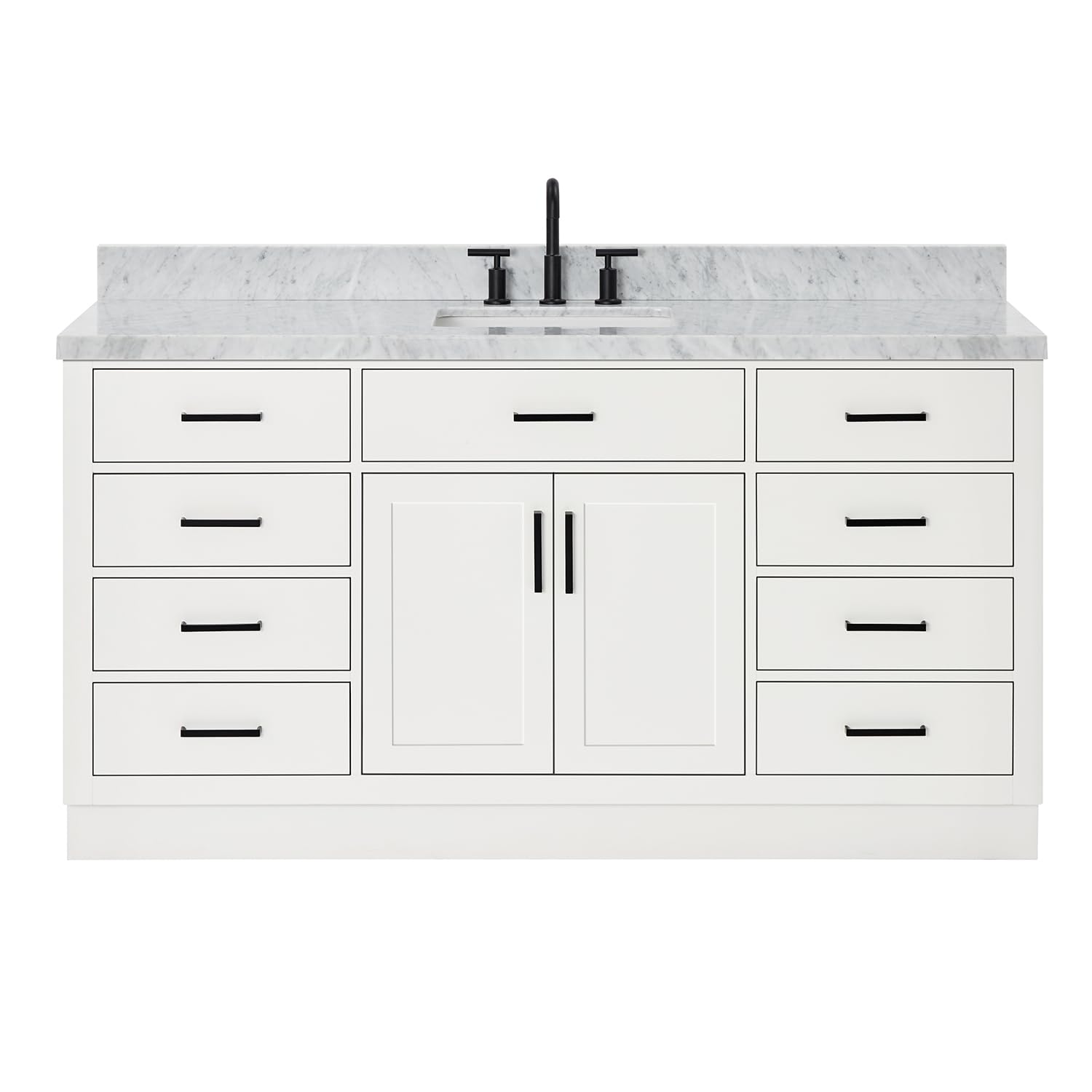 ARIEL 67" White Bathroom Vanity, 1.5" Edge Italian Carrara Marble Countertop & Splash, Single Rectangular Sink, 2 Soft Closing Doors, 9 Full Extension Dovetail Drawers, Toe Kick, Matte Black