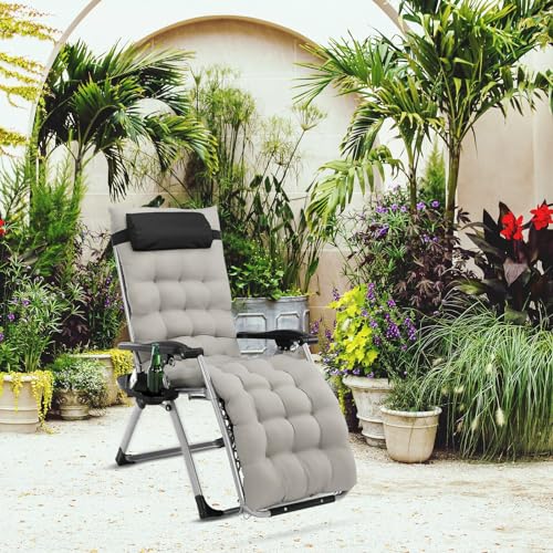 Folding Zero Gravity Outdoor Recliner Patio Lounge Chair,Infinity Zero Gravity Chair with Pad, Patio Chairs with Pillow and Utility Tray Adjustable Folding Recliner for Deck,Patio,Beach,Yard,Grey