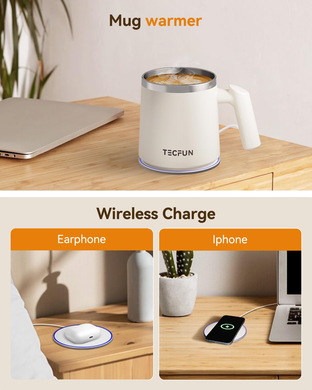 TECFUN Coffee Mug Warmer, [2024 new Wireless Heating Tech][0 Fire Risk][2 In 1 Mug Warmer & Wireless Charger] 12oz Mug with Lid, Coffee Warmer for Desk, Tea Cup Warmer, Gifts for her/him