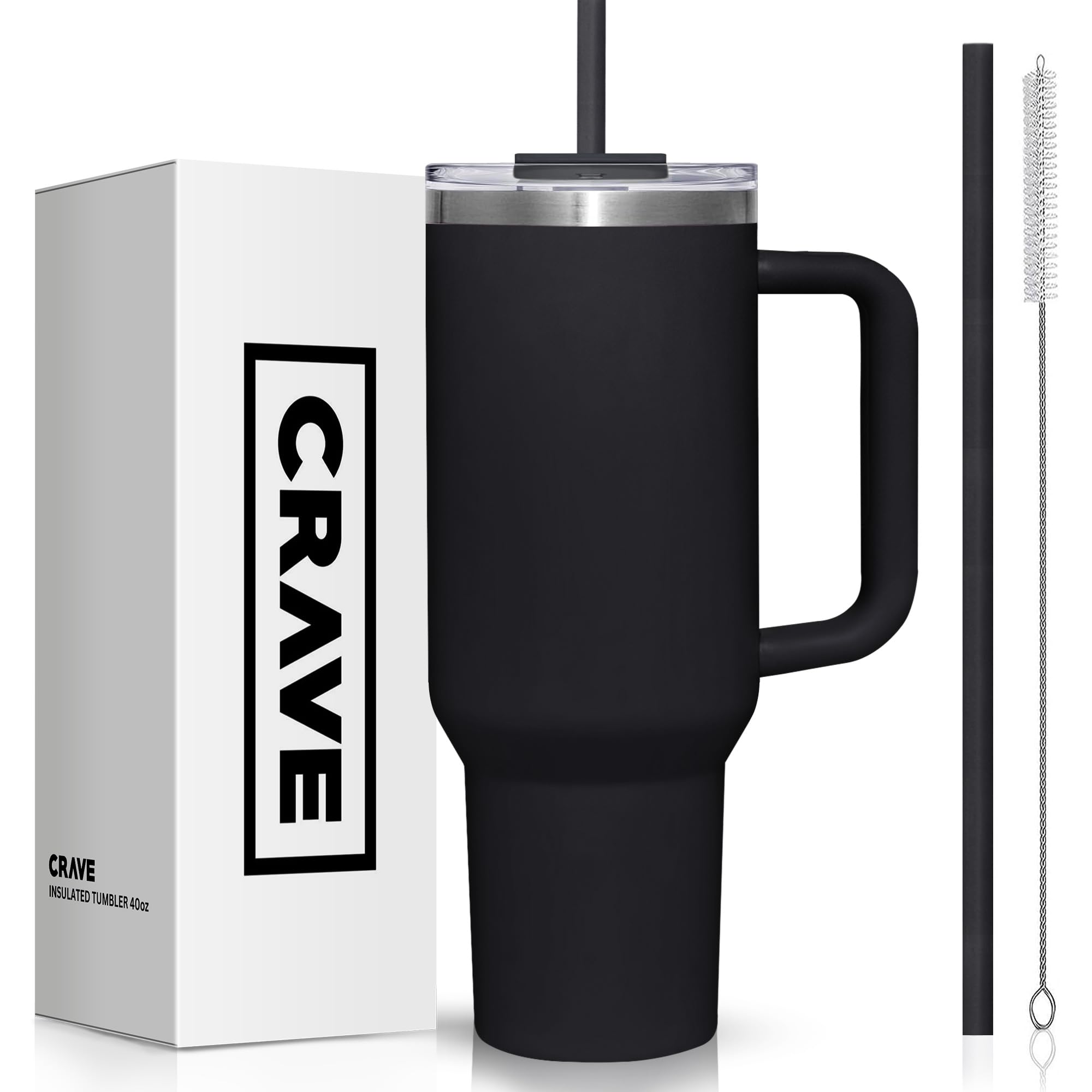 Crave Cups 40oz Tumbler with Lid and Straw l Reusable Spill Proof Double Wall Insulated Stainless Steel Water Bottle Travel Mug l Cupholder Friendly Vacuum Sealed Tumbler with Handle (Obsidian)