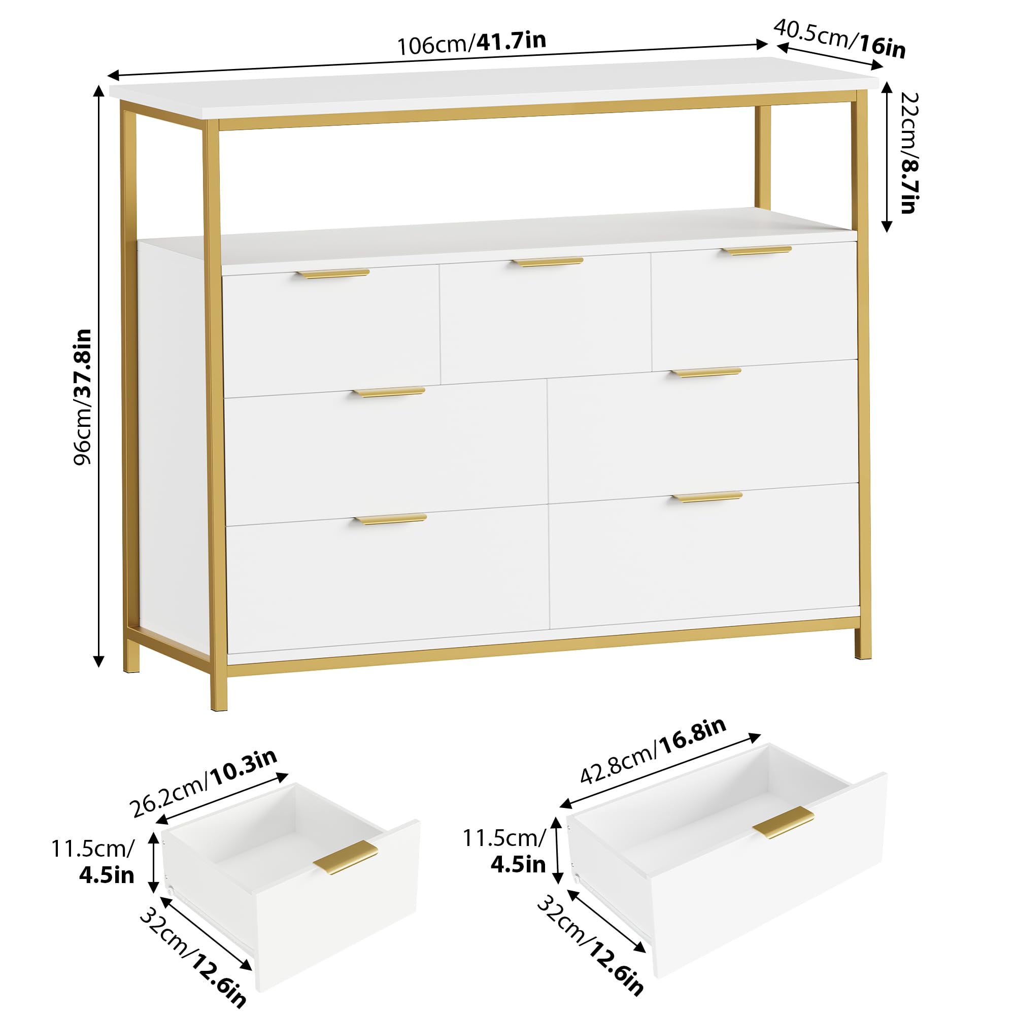 FACBOTALL Modern 7 Drawer Dresser, White Dresser with Metal Handles, White and Gold Dresser, Tall Dresser Chest of Drawers, Large Capacity Chest Storage Organizer for Living Room, Entryway, White.