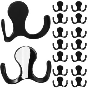 queekay 16 pcs double prong coat hooks heavy duty hooks adhesive towel hooks wall hook wall coat hanger robe hooks utility hooks for coat scarf bag key (black)