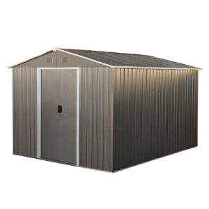 10x8ft outdoor metal storage shed with floor frame, uv resistant waterproofs steel garden shed, tool storage shed with sloping roof and lockable door for backyard, patio and lawn (grey)