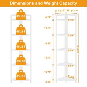 FATORRI Tall Corner Shelf, 5 Tier Modern Corner Bookshelf Stand, Wood and Metal Corner Plant Bookcase for Living Room, Corner Space (White Oak)