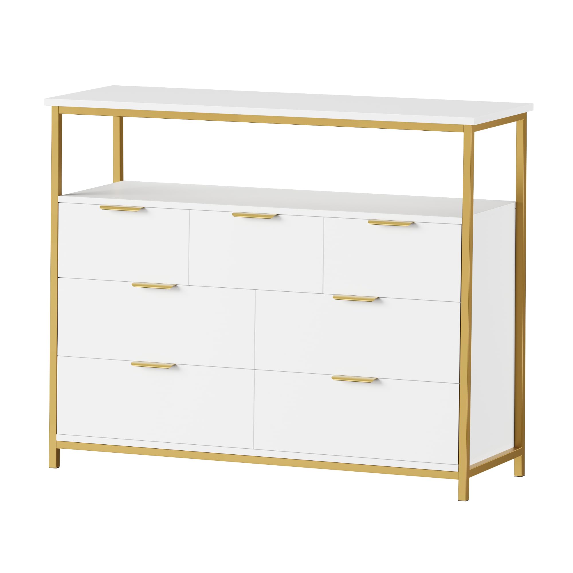 FACBOTALL Modern 7 Drawer Dresser, White Dresser with Metal Handles, White and Gold Dresser, Tall Dresser Chest of Drawers, Large Capacity Chest Storage Organizer for Living Room, Entryway, White.