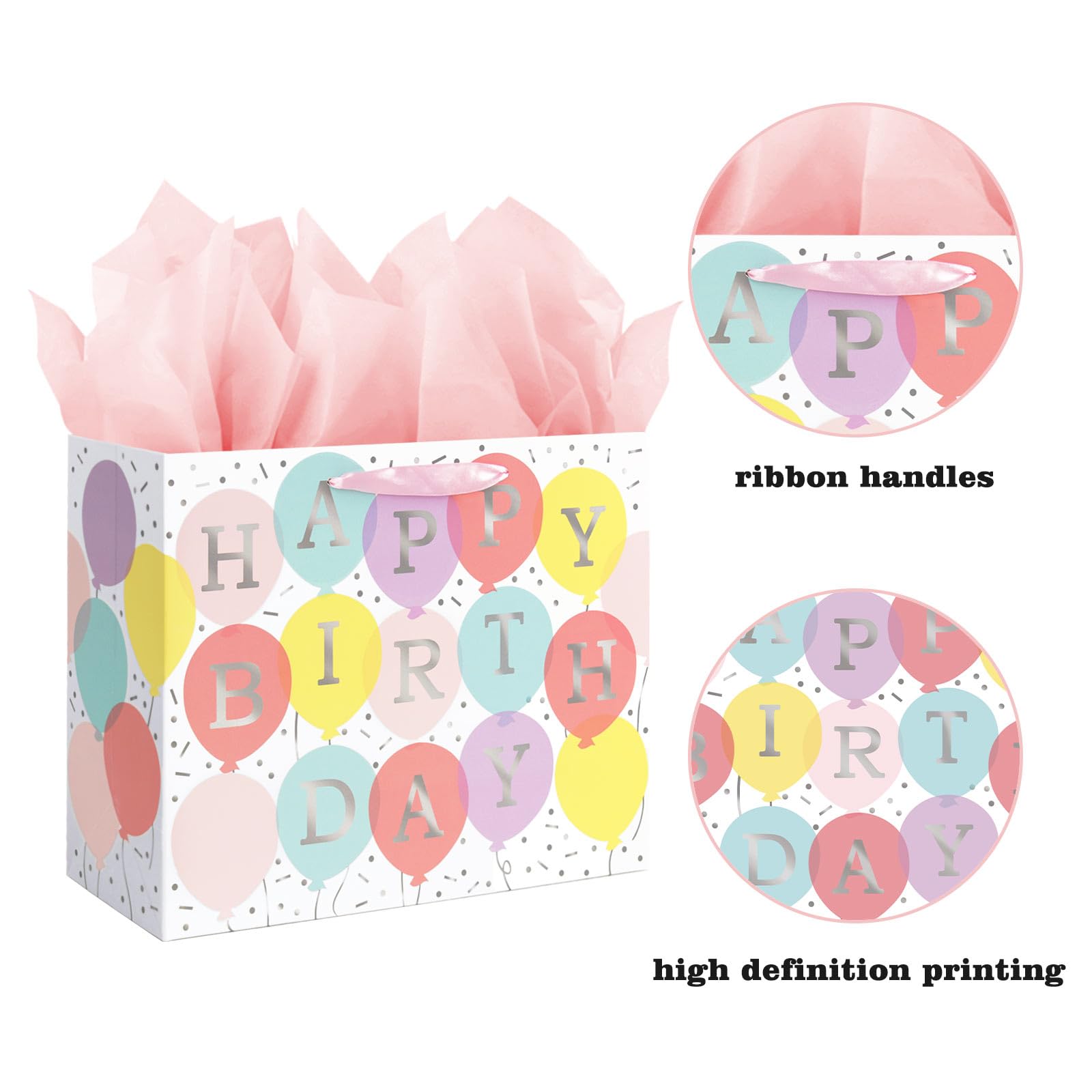 13" Large Happy Birthday Gift Bag with Tissue Paper and Card for Girls Kids Women Birthday (Colourful Balloon)