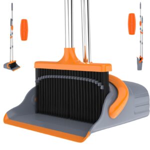 axfrvewa broom and dustpan set with 52" long handle broom with dustpan combo set, self-cleaning teeth & standing dust pan and broom for home office kitchen lobby floor use-gray&orange