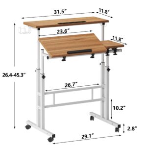 soges Rolling Standing Desk, Height Adjustable Home Office Desk, Mobile Sit-Stand Laptop Desk with Cup Holder and Hook, Portable Desk with Wheels, Oak