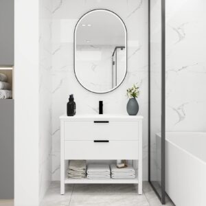 lvtfco 36" modern freestanding bathroom vanity with 2 drawers and open style shelf, bathroom vanity sink combo with plywood pedestal and resin sink for apartment dorm contemporary bath (white)