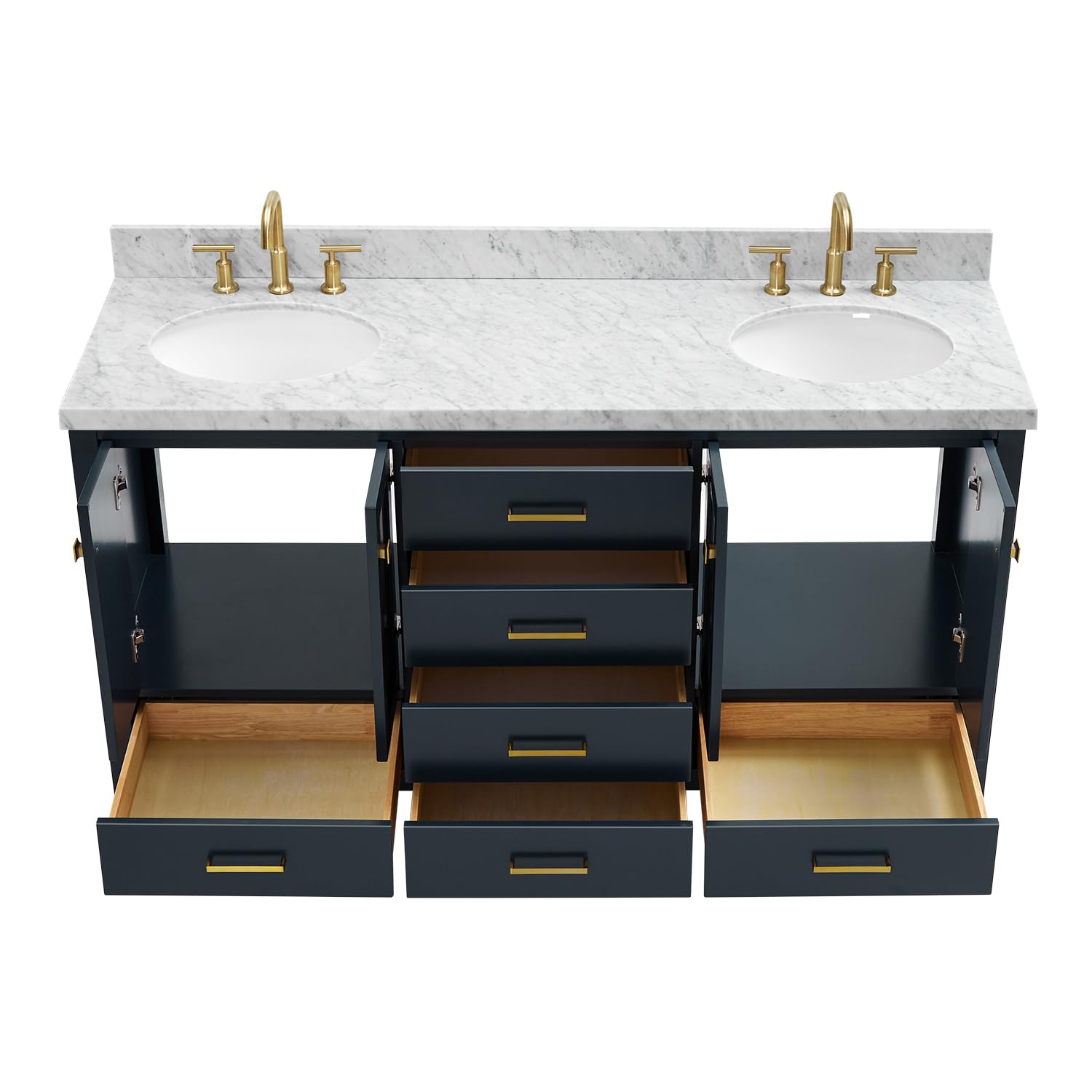 ARIEL 67" Midnight Blue Double Bathroom Vanity with 1.5" Edge Italian Carrara Marble Countertop & Splash, 2 Oval Sinks, 4 Soft Closing Doors, 6 Full Extension Dovetail Drawers, Satin Brass