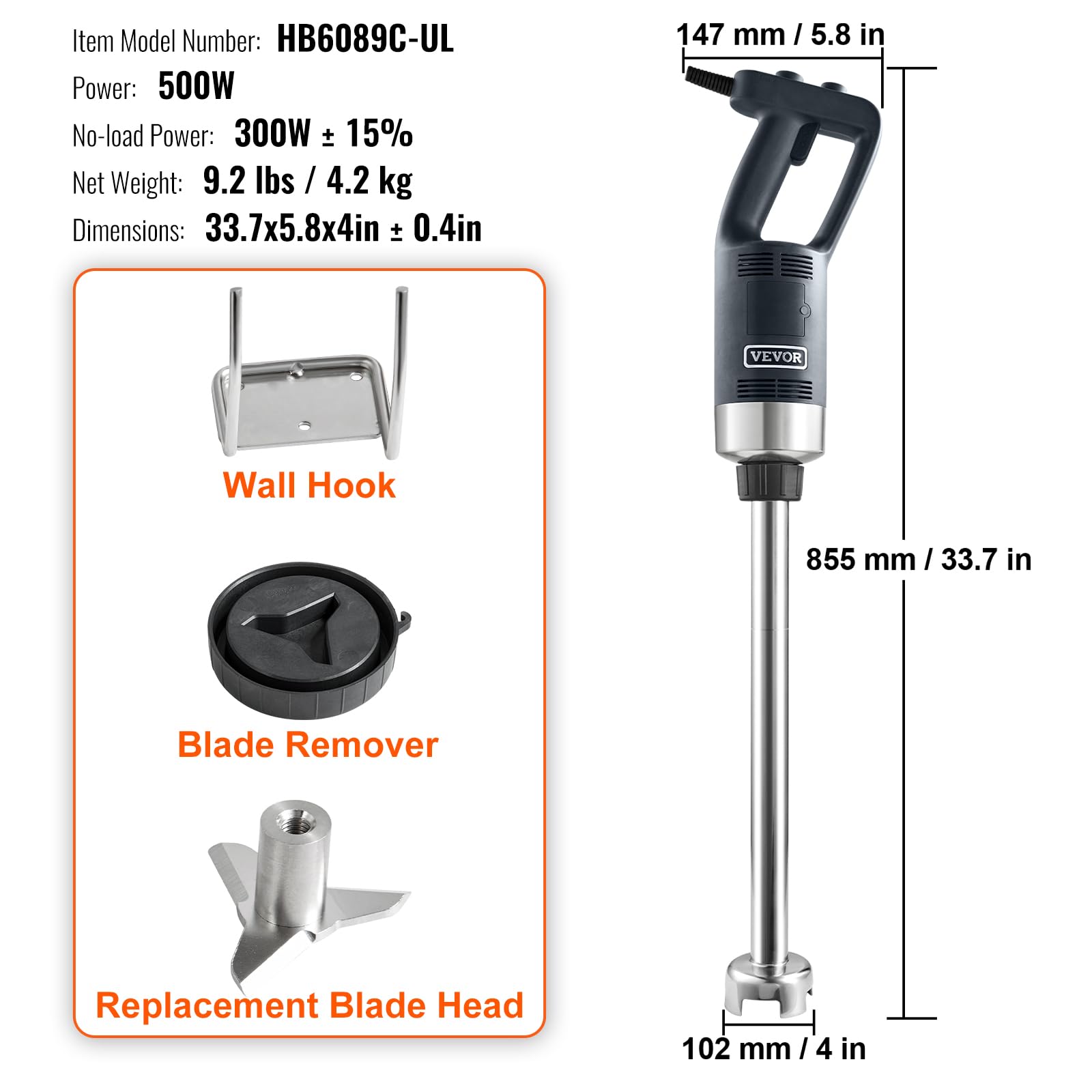 VEVOR Commercial Immersion Blender, 500 Watt 20Inch Heavy Duty Hand Mixer, Variable Speed Mixer with 304 Stainless Steel Blade, Multi-Purpose Portable Mixer for Soup, Smoothie, Puree, Baby Food