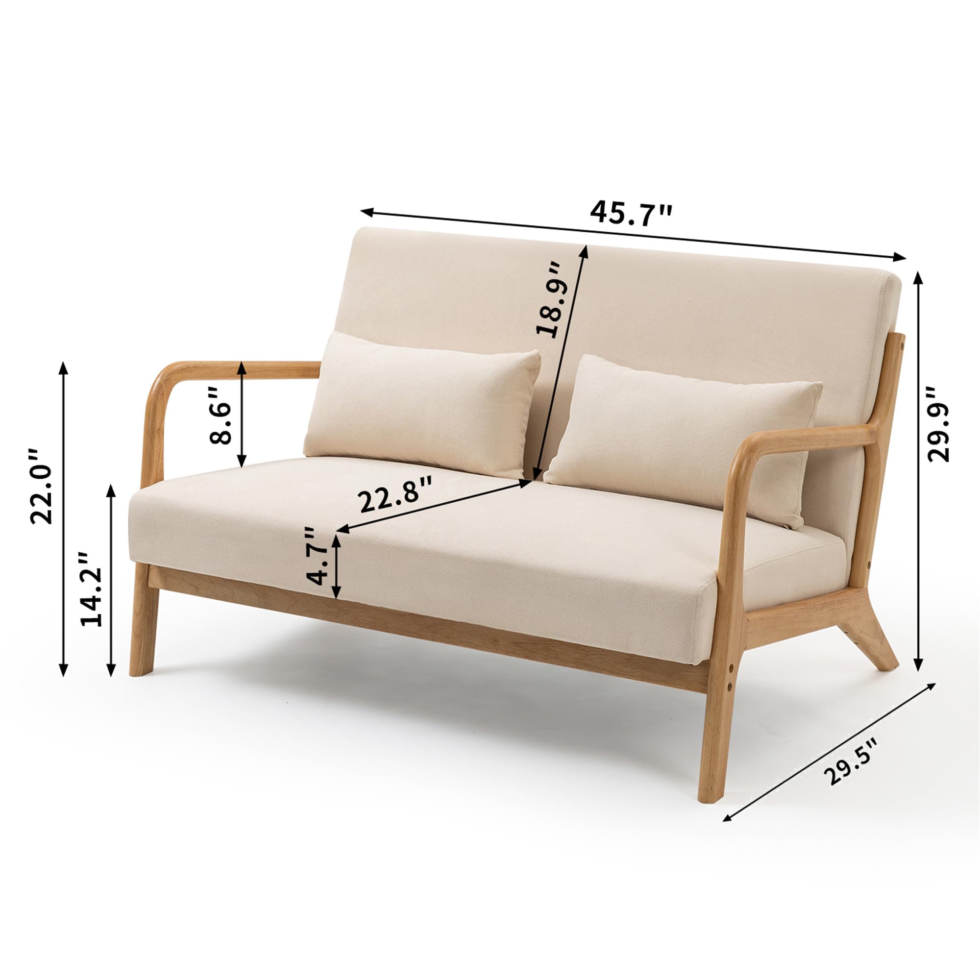 Zacis Loveseat Sofa 2 Seater Linen Fabric Love Seat Couch Modern Solid Wood Frame Sofa with 2 Waist Cushions for Small Space Office Living Room Bedroom, Beige