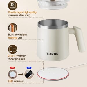 TECFUN Coffee Mug Warmer, [2024 new Wireless Heating Tech][0 Fire Risk][2 In 1 Mug Warmer & Wireless Charger] 12oz Mug with Lid, Coffee Warmer for Desk, Tea Cup Warmer, Gifts for her/him