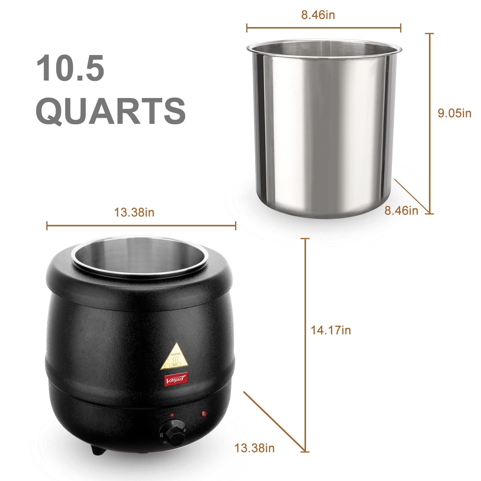 Valgus Commercial Grade 10.5QT Soup Kettle Warmer with Stainless Steel Hinged Lid, Detachable Pot,Temperature Control Knob for Big Family Gathering and Restaurant