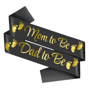 2pcs mom to be and dad to be baby shower sash，black satin with gold letters sash for new mom dad baby shower party gender reveal supplies decorations