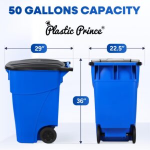 PLASTIC PRINCE 50-Gallon Recycle Rollout Trash Can with Lid, Commercial Heavy-Duty Whelled Outdoor Garbage Can, Blue