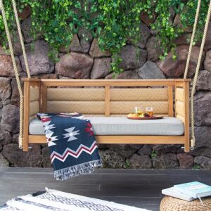 blaine teak wood porch swing with oyster cushion